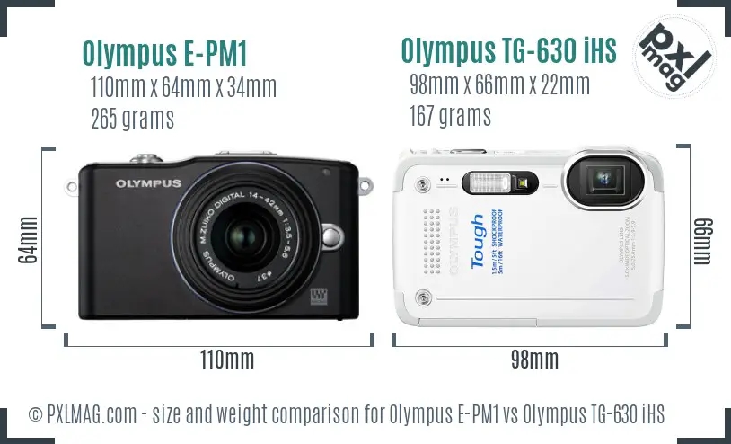 Olympus E-PM1 vs Olympus TG-630 iHS size comparison