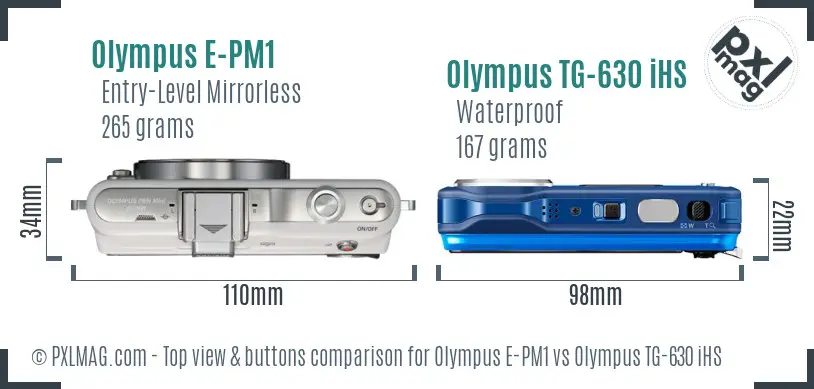 Olympus E-PM1 vs Olympus TG-630 iHS top view buttons comparison