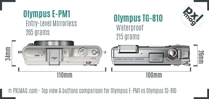 Olympus E-PM1 vs Olympus TG-810 top view buttons comparison