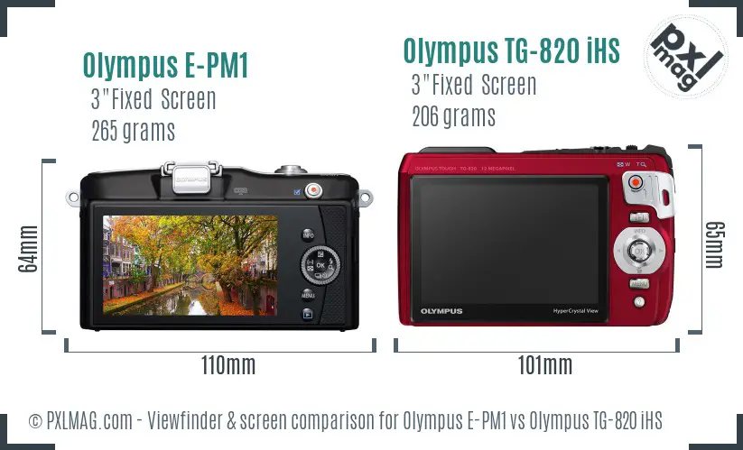Olympus E-PM1 vs Olympus TG-820 iHS Screen and Viewfinder comparison