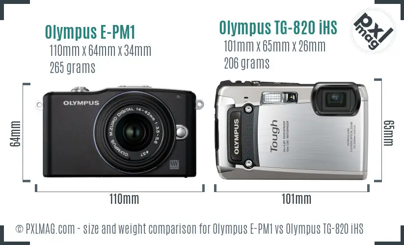 Olympus E-PM1 vs Olympus TG-820 iHS size comparison