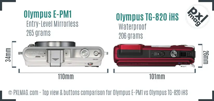 Olympus E-PM1 vs Olympus TG-820 iHS top view buttons comparison