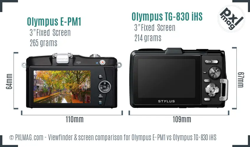 Olympus E-PM1 vs Olympus TG-830 iHS Screen and Viewfinder comparison