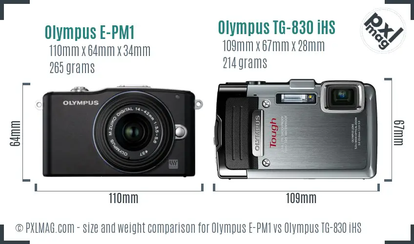 Olympus E-PM1 vs Olympus TG-830 iHS size comparison