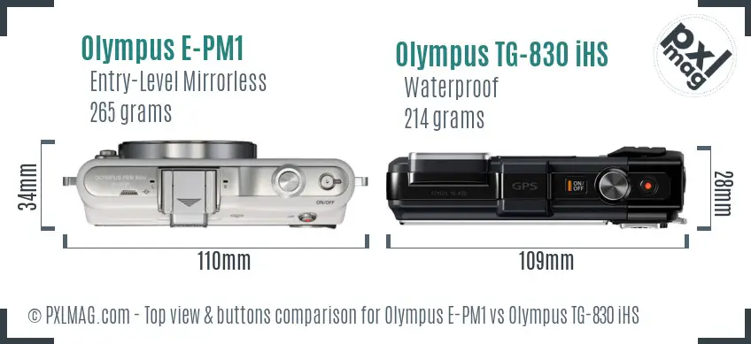 Olympus E-PM1 vs Olympus TG-830 iHS top view buttons comparison