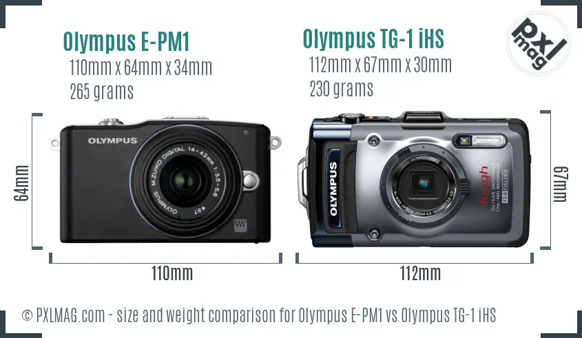 Olympus E-PM1 vs Olympus TG-1 iHS size comparison