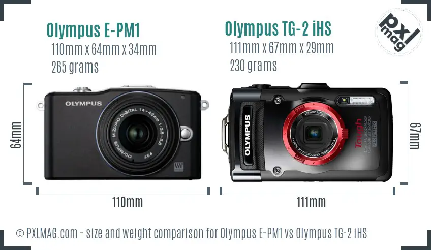 Olympus E-PM1 vs Olympus TG-2 iHS size comparison