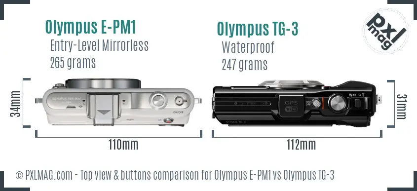 Olympus E-PM1 vs Olympus TG-3 top view buttons comparison