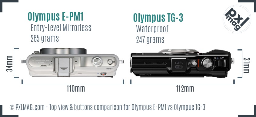 Olympus E-PM1 vs Olympus TG-3 top view buttons comparison