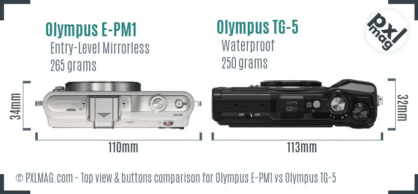 Olympus E-PM1 vs Olympus TG-5 top view buttons comparison