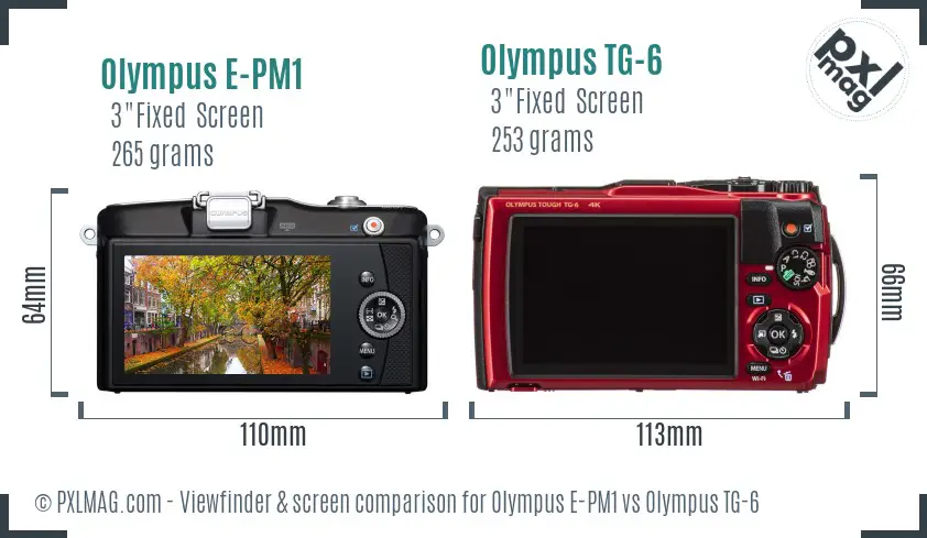 Olympus E-PM1 vs Olympus TG-6 Screen and Viewfinder comparison