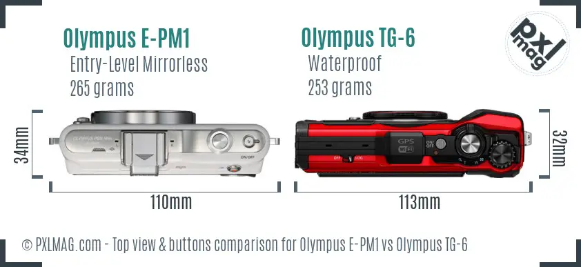 Olympus E-PM1 vs Olympus TG-6 top view buttons comparison
