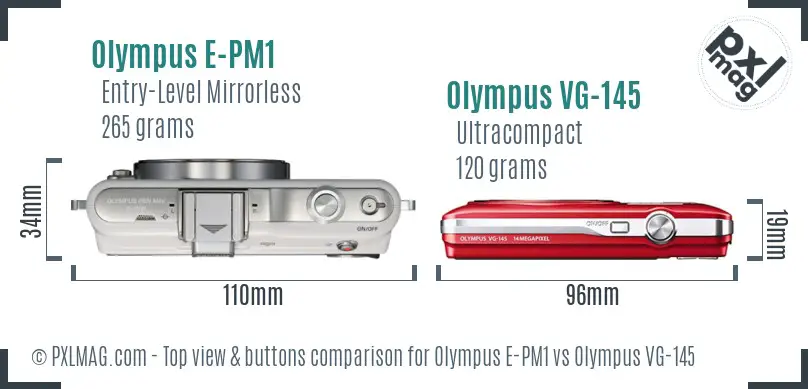 Olympus E-PM1 vs Olympus VG-145 top view buttons comparison