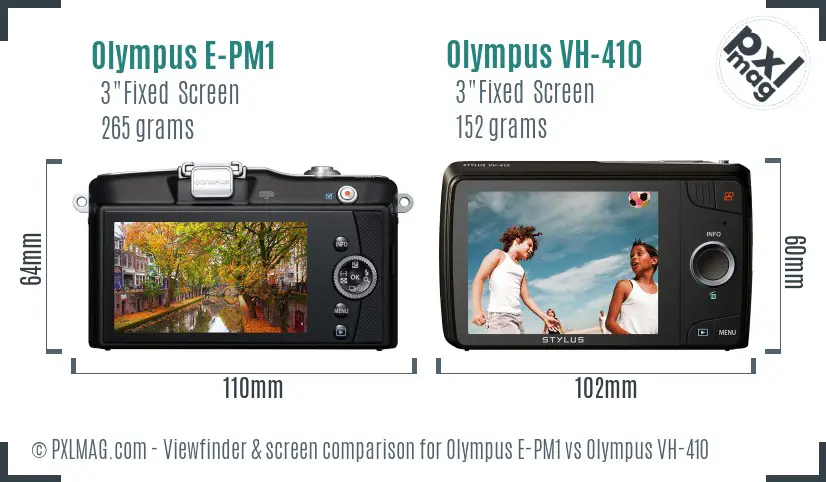 Olympus E-PM1 vs Olympus VH-410 Screen and Viewfinder comparison