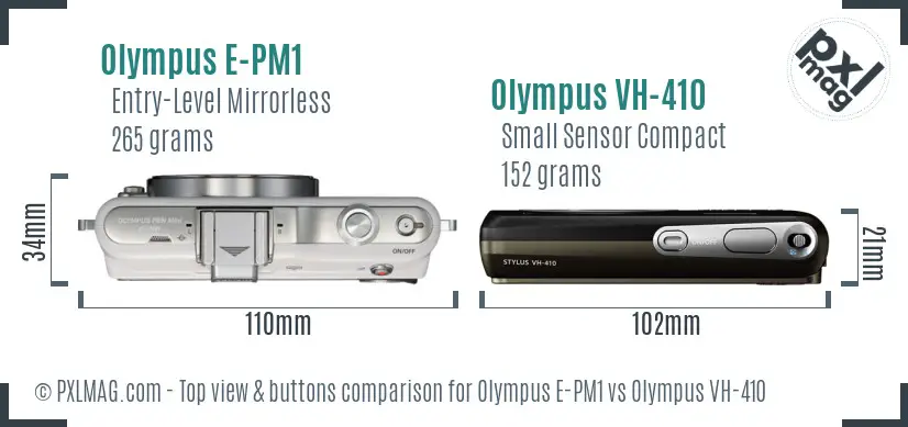 Olympus E-PM1 vs Olympus VH-410 top view buttons comparison