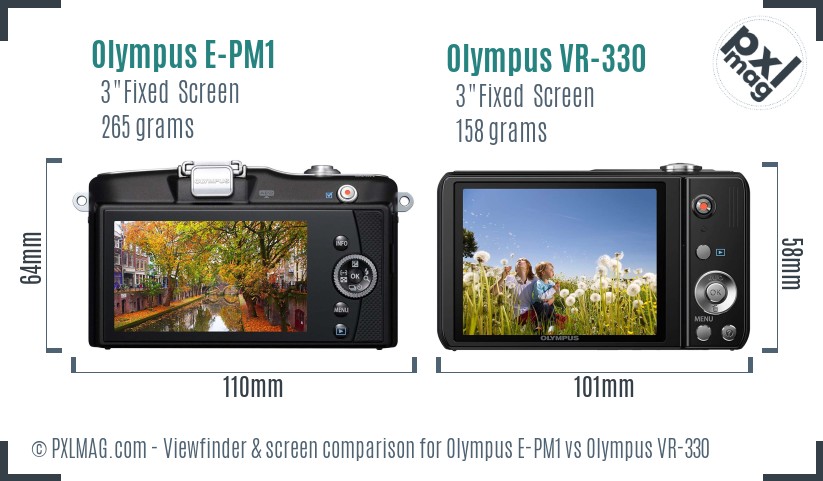 Olympus E-PM1 vs Olympus VR-330 Screen and Viewfinder comparison