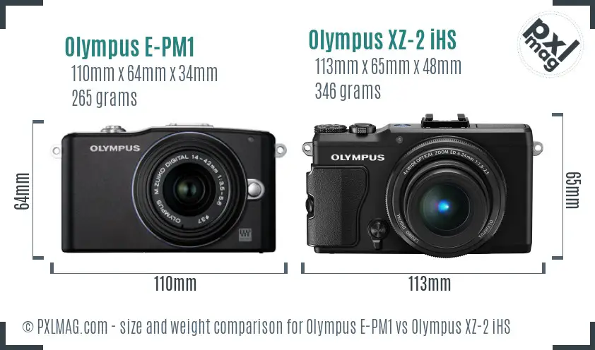 Olympus E-PM1 vs Olympus XZ-2 iHS size comparison