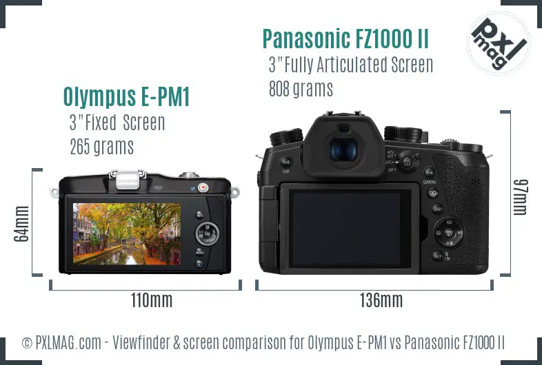 Olympus E-PM1 vs Panasonic FZ1000 II Screen and Viewfinder comparison