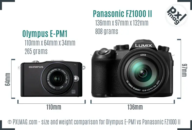 Olympus E-PM1 vs Panasonic FZ1000 II size comparison