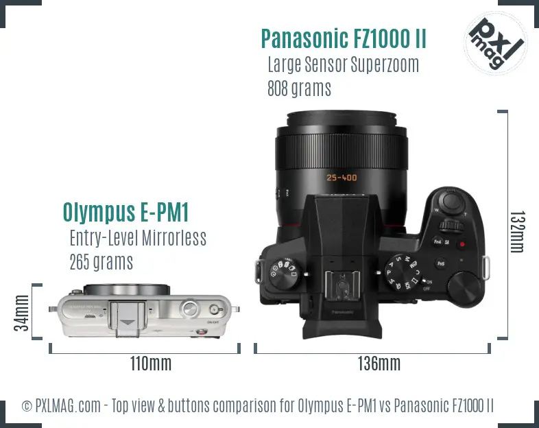 Olympus E-PM1 vs Panasonic FZ1000 II top view buttons comparison