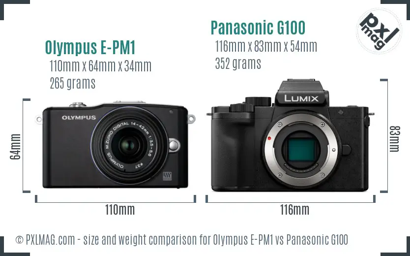 Olympus E-PM1 vs Panasonic G100 size comparison