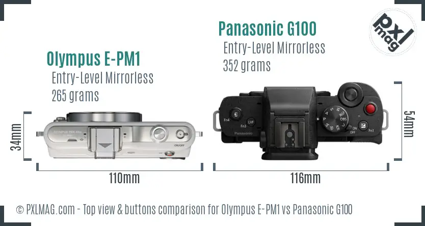Olympus E-PM1 vs Panasonic G100 top view buttons comparison