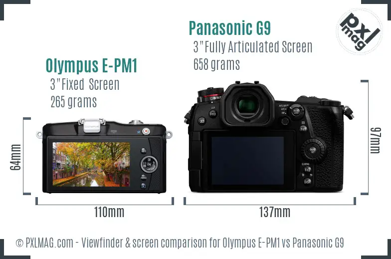 Olympus E-PM1 vs Panasonic G9 Screen and Viewfinder comparison