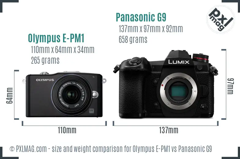 Olympus E-PM1 vs Panasonic G9 size comparison
