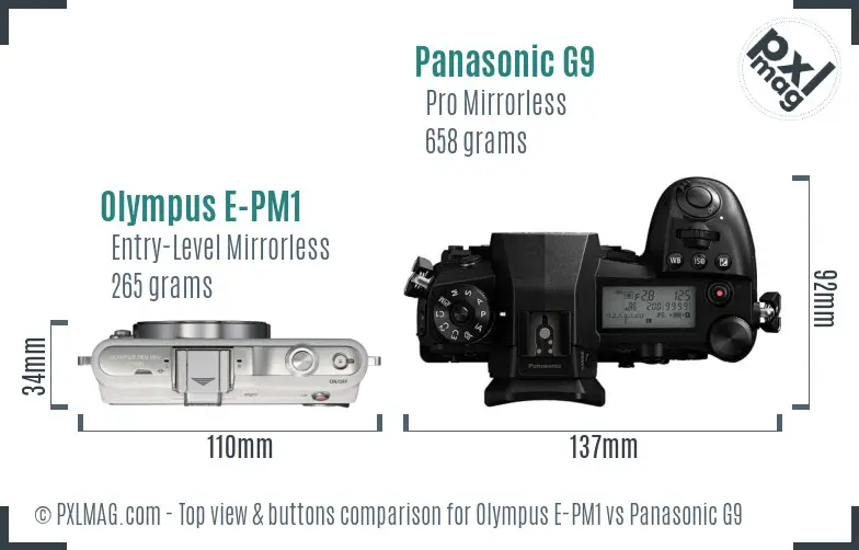 Olympus E-PM1 vs Panasonic G9 top view buttons comparison