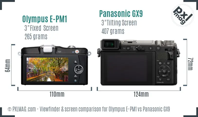 Olympus E-PM1 vs Panasonic GX9 Screen and Viewfinder comparison
