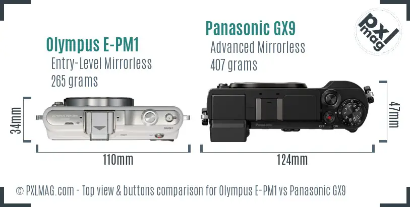 Olympus E-PM1 vs Panasonic GX9 top view buttons comparison