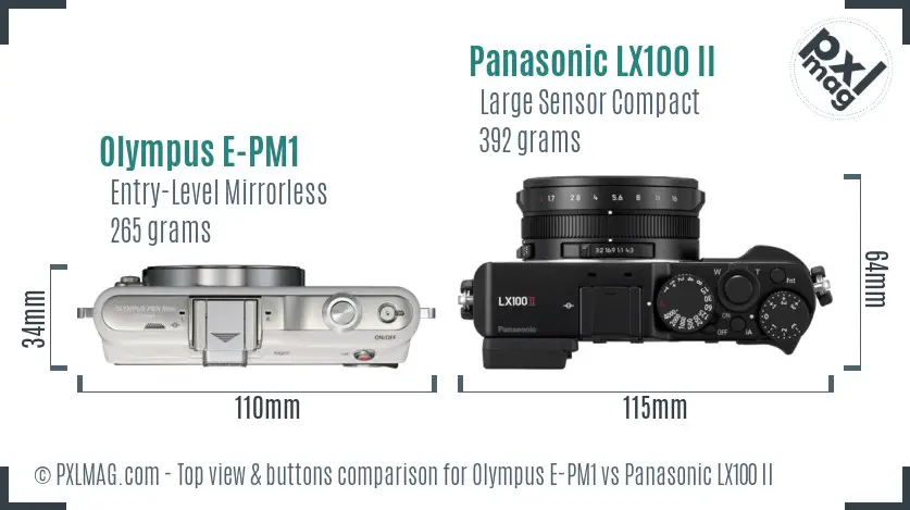 Olympus E-PM1 vs Panasonic LX100 II top view buttons comparison