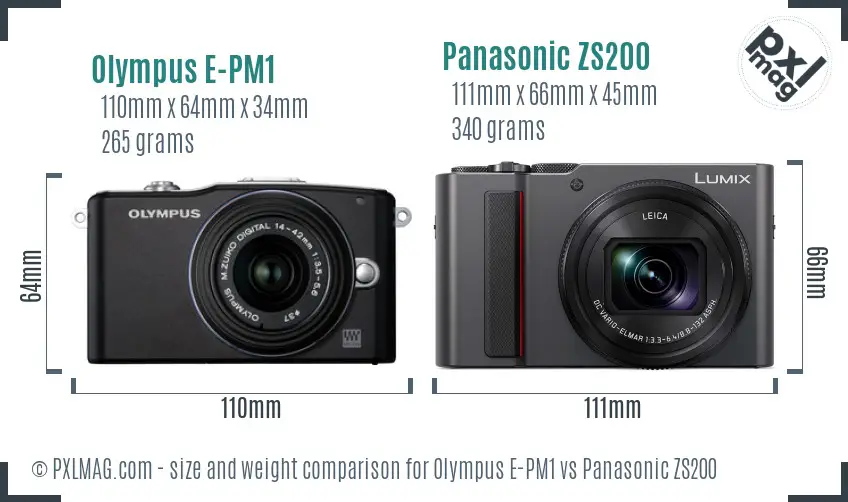 Olympus E-PM1 vs Panasonic ZS200 size comparison