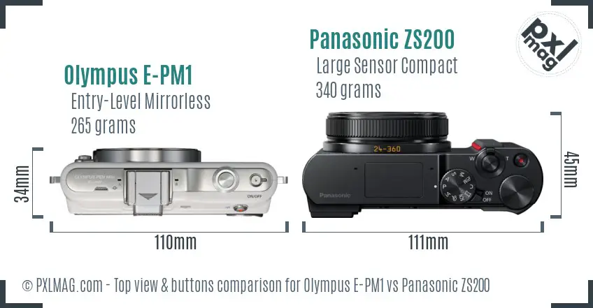 Olympus E-PM1 vs Panasonic ZS200 top view buttons comparison