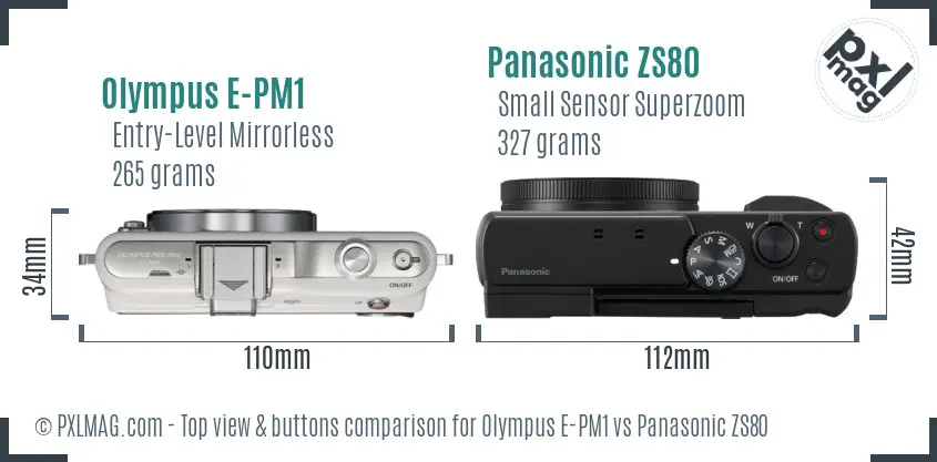 Olympus E-PM1 vs Panasonic ZS80 top view buttons comparison