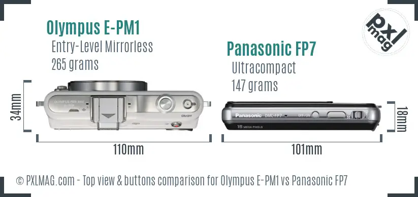 Olympus E-PM1 vs Panasonic FP7 top view buttons comparison
