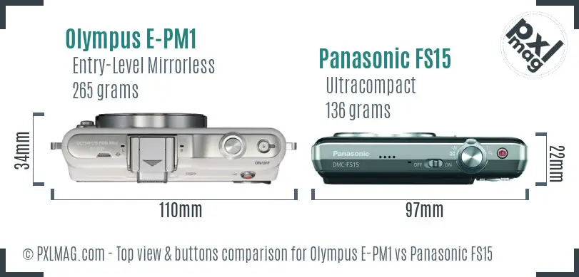 Olympus E-PM1 vs Panasonic FS15 top view buttons comparison