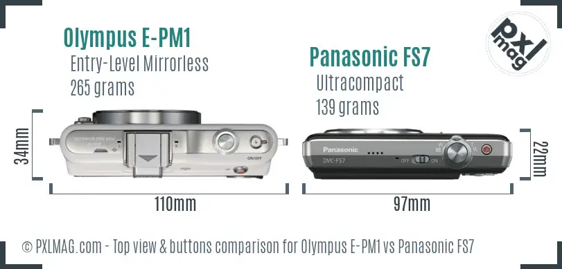 Olympus E-PM1 vs Panasonic FS7 top view buttons comparison