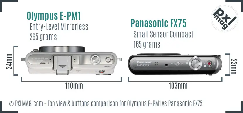Olympus E-PM1 vs Panasonic FX75 top view buttons comparison