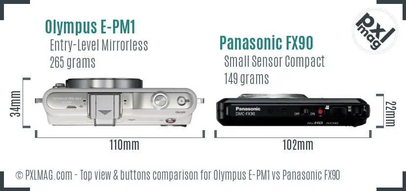 Olympus E-PM1 vs Panasonic FX90 top view buttons comparison