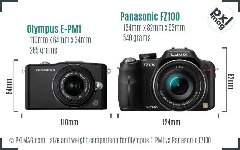 Olympus E-PM1 vs Panasonic FZ100 size comparison