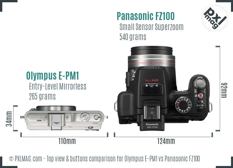 Olympus E-PM1 vs Panasonic FZ100 top view buttons comparison