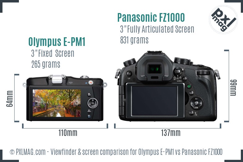 Olympus E-PM1 vs Panasonic FZ1000 Screen and Viewfinder comparison
