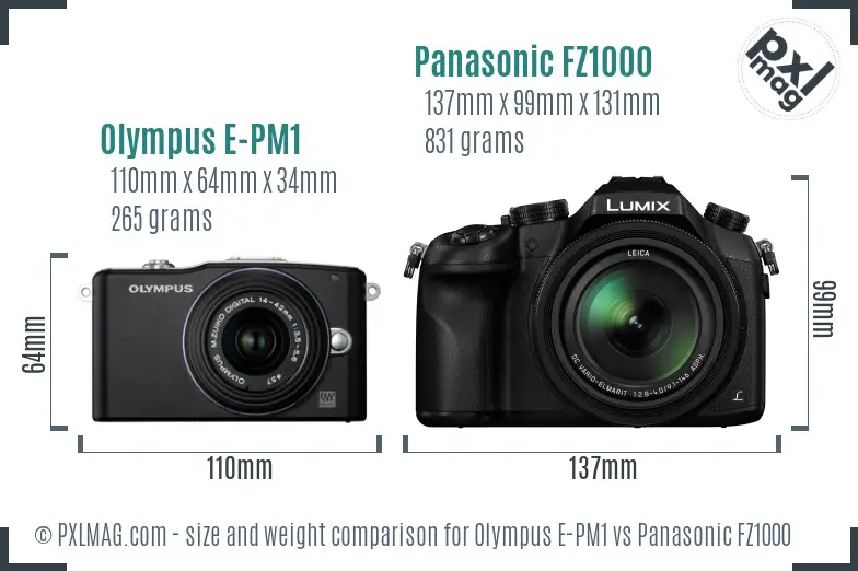 Olympus E-PM1 vs Panasonic FZ1000 size comparison