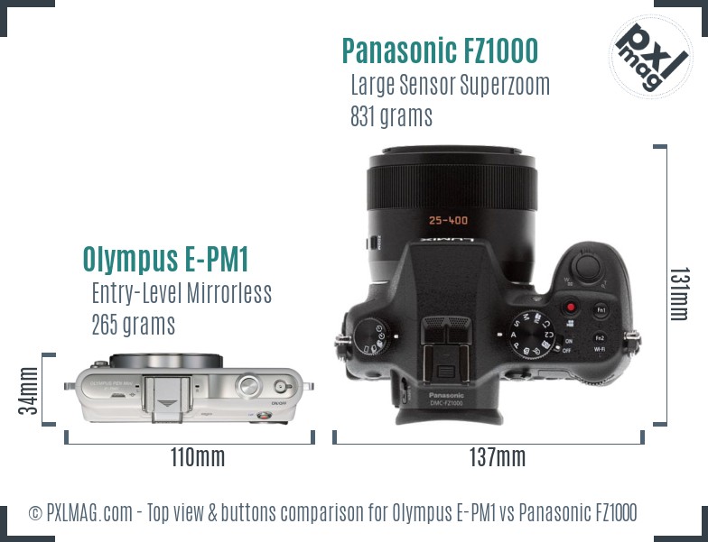 Olympus E-PM1 vs Panasonic FZ1000 top view buttons comparison