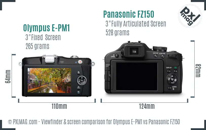 Olympus E-PM1 vs Panasonic FZ150 Screen and Viewfinder comparison