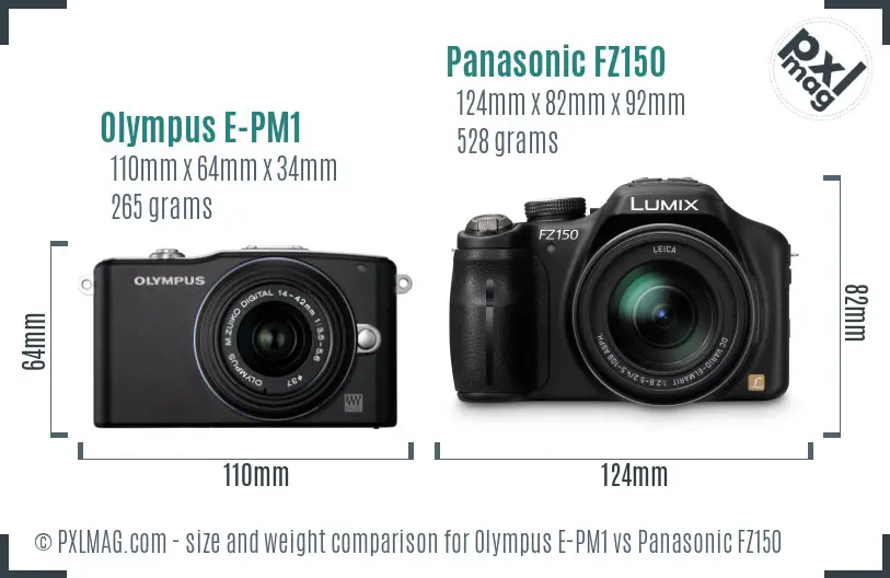 Olympus E-PM1 vs Panasonic FZ150 size comparison