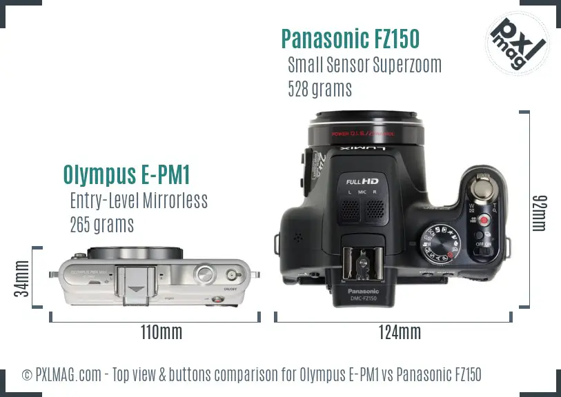 Olympus E-PM1 vs Panasonic FZ150 top view buttons comparison