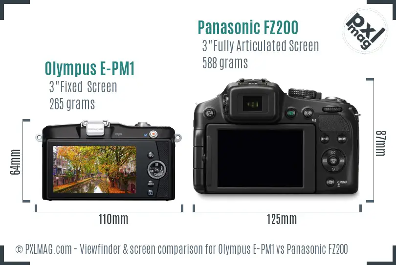 Olympus E-PM1 vs Panasonic FZ200 Screen and Viewfinder comparison