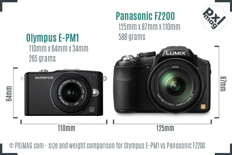Olympus E-PM1 vs Panasonic FZ200 size comparison